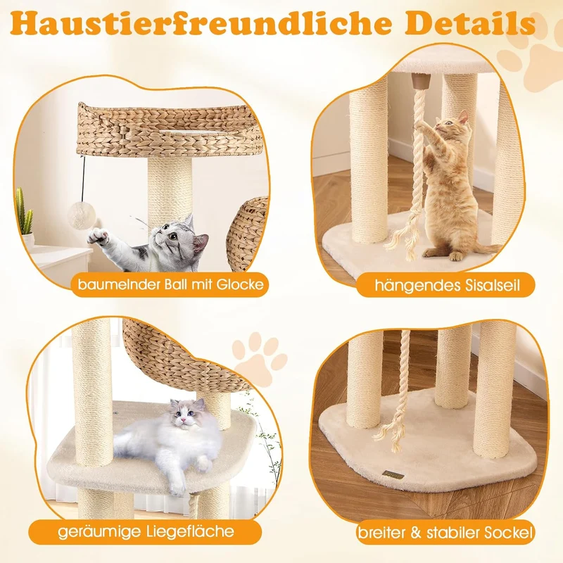 GYMAX Kratzbaum 104 cm, Katzenbaum Rattan mit Korb, Sisalstämme, Hängender Ball & eine Schlinge, Sta