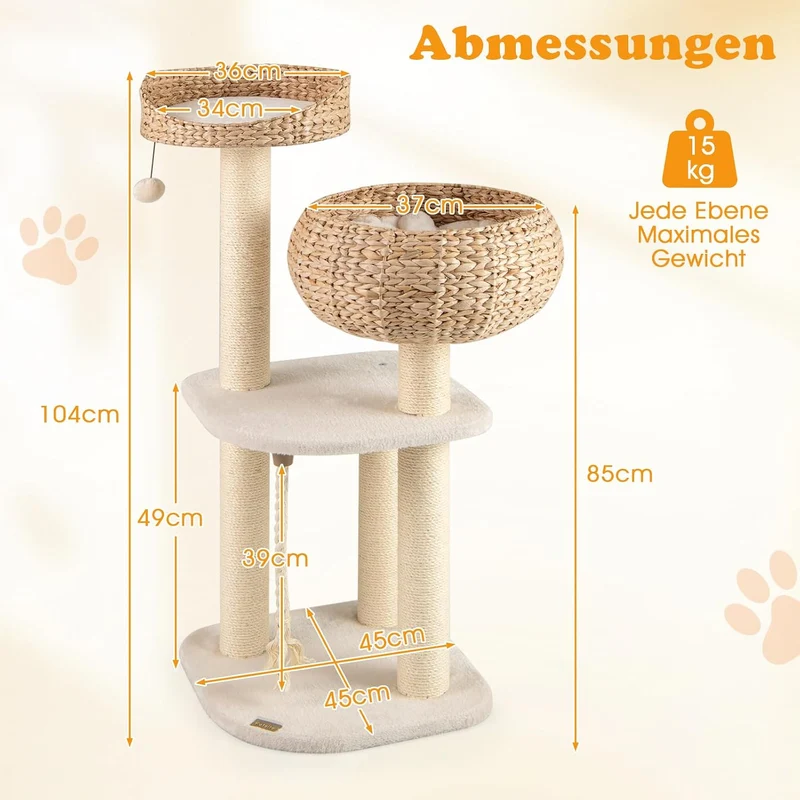 GYMAX Kratzbaum 104 cm, Katzenbaum Rattan mit Korb, Sisalstämme, Hängender Ball & eine Schlinge, Sta