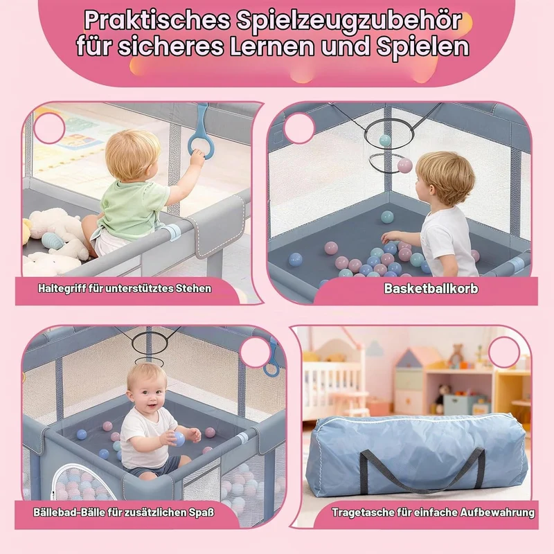 Laufstall Baby 130 x 130 x 66 cm, Laufgitter Baby, Laufstall mit Zugringen, Bällen, Atmungsaktivem N