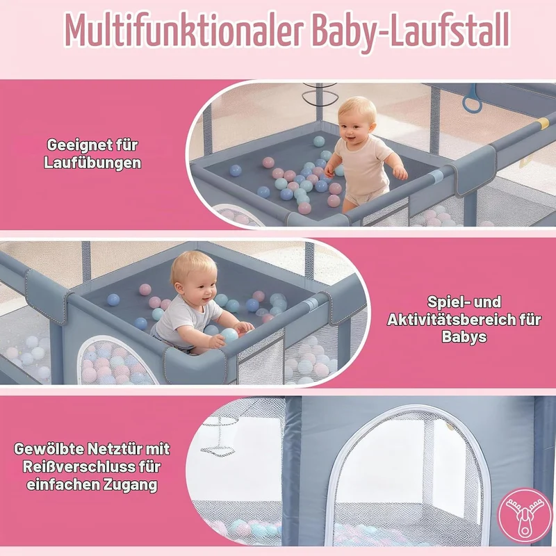 Laufstall Baby 130 x 130 x 66 cm, Laufgitter Baby, Laufstall mit Zugringen, Bällen, Atmungsaktivem N
