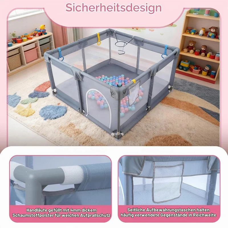 Laufstall Baby 130 x 130 x 66 cm, Laufgitter Baby, Laufstall mit Zugringen, Bällen, Atmungsaktivem N