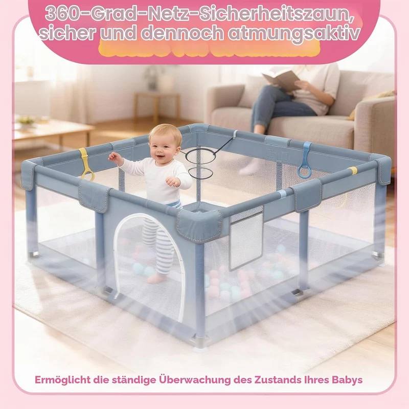 Laufstall Baby 130 x 130 x 66 cm, Laufgitter Baby, Laufstall mit Zugringen, Bällen, Atmungsaktivem N