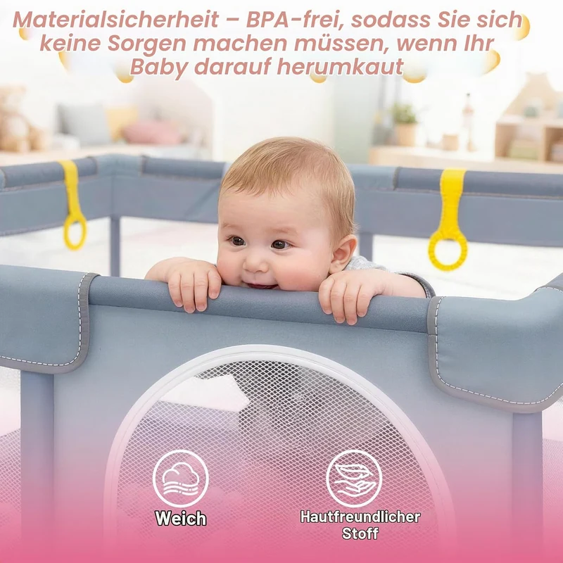 Laufstall Baby 130 x 130 x 66 cm, Laufgitter Baby, Laufstall mit Zugringen, Bällen, Atmungsaktivem N