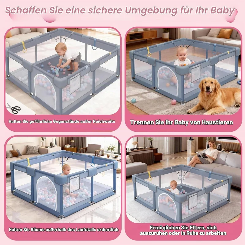Laufstall Baby 130 x 130 x 66 cm, Laufgitter Baby, Laufstall mit Zugringen, Bällen, Atmungsaktivem N