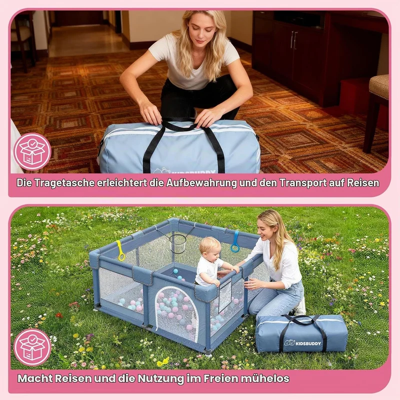 Laufstall Baby 130 x 130 x 66 cm, Laufgitter Baby, Laufstall mit Zugringen, Bällen, Atmungsaktivem N