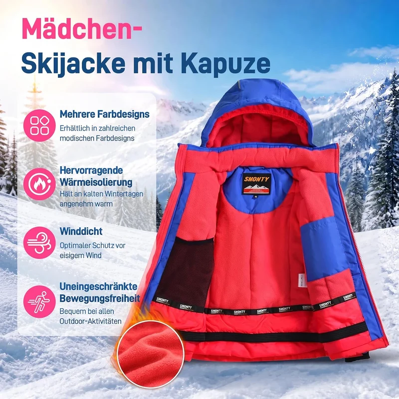 SMONTY Mädchen Skijacke, wasserdicht, warm, mit Kapuze, Schnee-Wintermantel für Kinder 164-176 Rot B