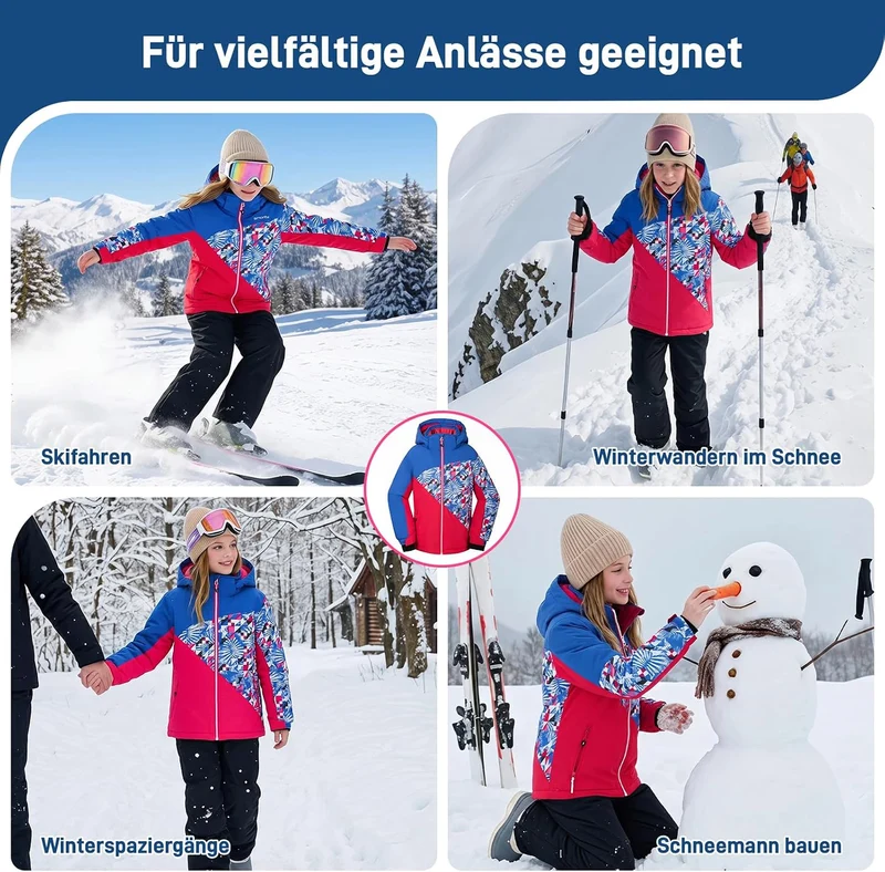 SMONTY Mädchen Skijacke, wasserdicht, warm, mit Kapuze, Schnee-Wintermantel für Kinder 164-176 Rot B