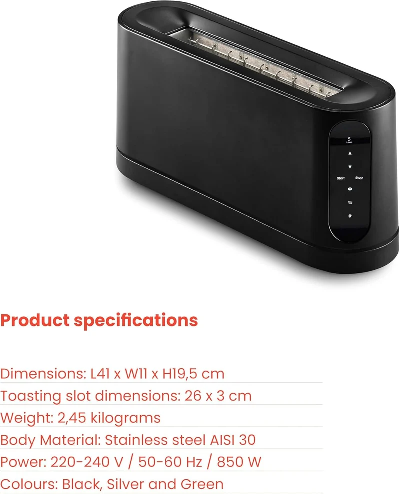 Jacob Jensen Toaster mit langem Schlitz, 7 Bräunungsstufen, Bewegungsaktiviertes Display, Bagel-, Au