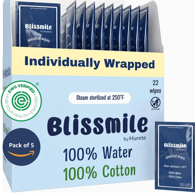blissmile Feuchttücher aus 100 % Wasser und Baumwolle, Reisegrösse, einzeln verpackt, parfüm- und ko