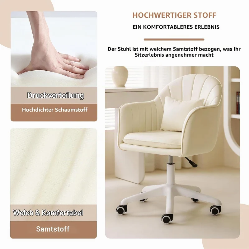 Ergonomischer Bürostuhl, 360° drehbar Höhenverstellbar, SamtStuhl mit Kopfkissen, Homeoffice Stuhl b