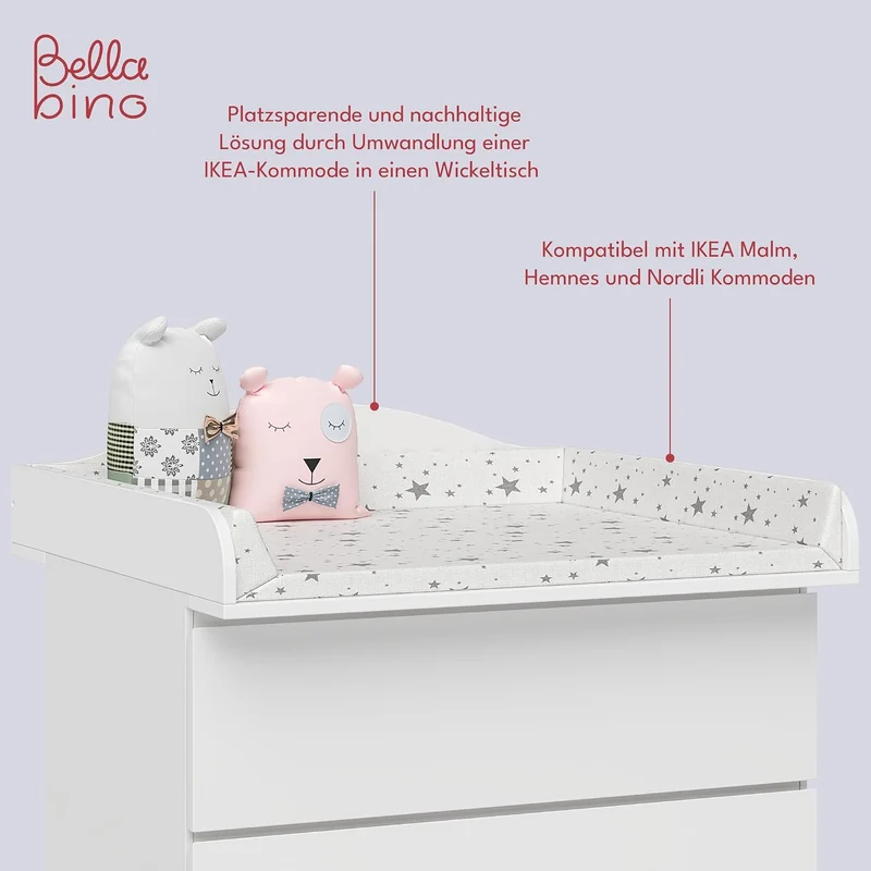 BELLABINO Oti Wickelaufsatz - Wickeltischaufsatz für Malm, Hemnes, Nordli Kommoden in weiss - Wellig