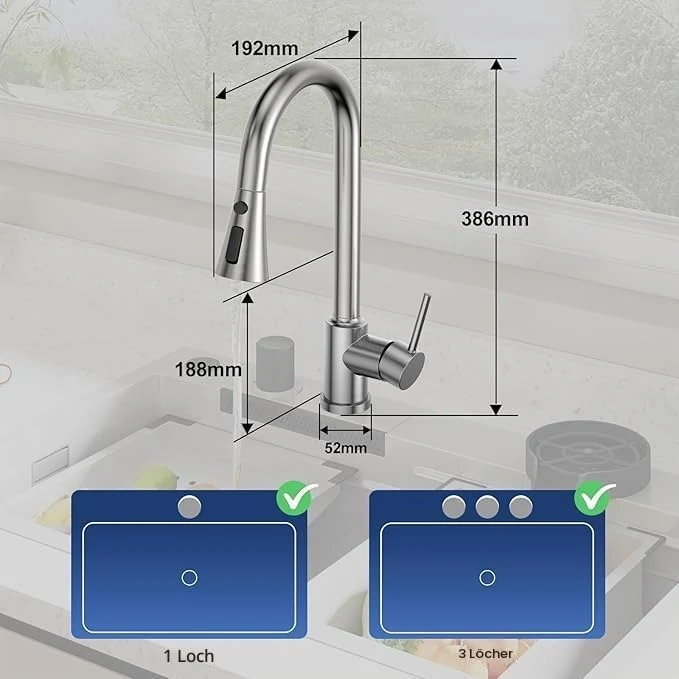Küchenarmatur mit Ausziehbrause, 3 Strahlarten Wasserhahn Küche 360° Schwenkbar, Edelstahl SUS304 Sp