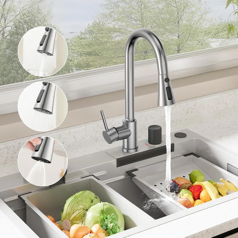 Küchenarmatur mit Ausziehbrause, 3 Strahlarten Wasserhahn Küche 360° Schwenkbar, Edelstahl SUS304 Sp