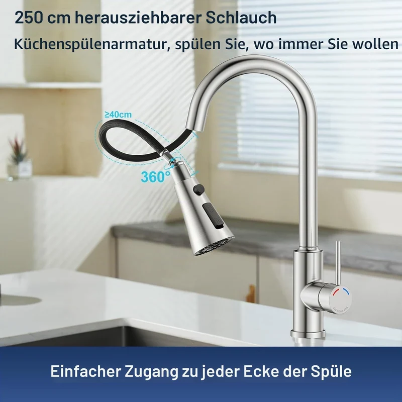 Küchenarmatur mit Ausziehbrause, 3 Strahlarten Wasserhahn Küche 360° Schwenkbar, Edelstahl SUS304 Sp