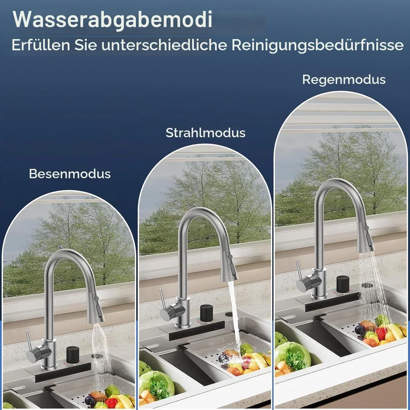 Küchenarmatur mit Ausziehbrause, 3 Strahlarten Wasserhahn Küche 360° Schwenkbar, Edelstahl SUS304 Sp