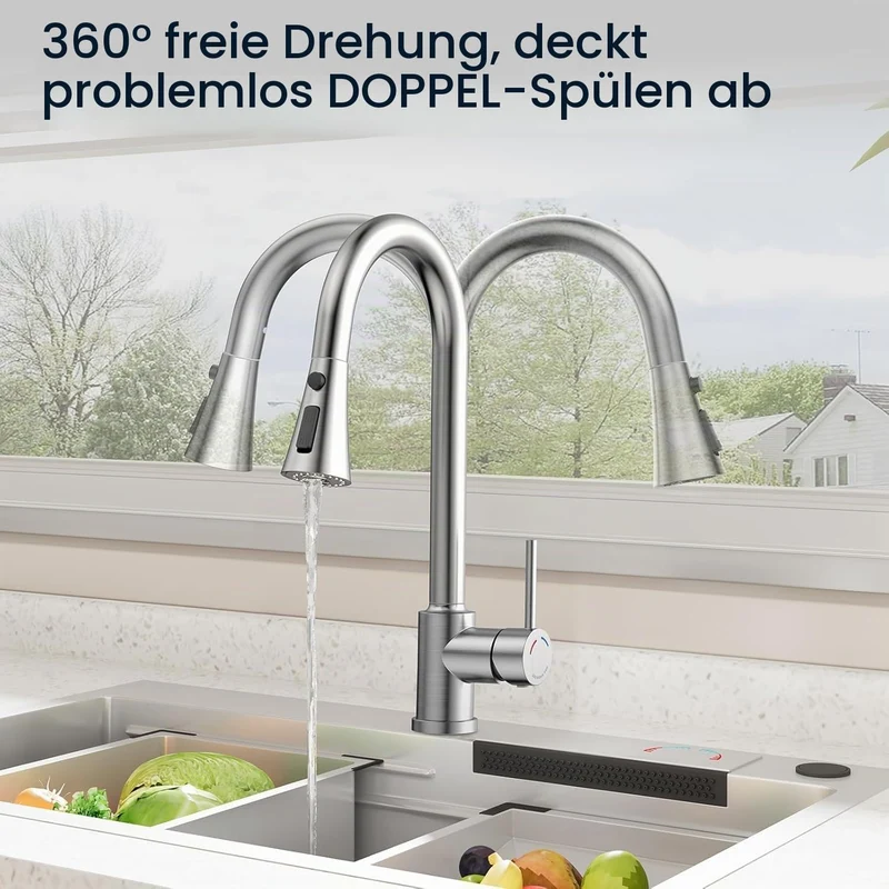 Küchenarmatur mit Ausziehbrause, 3 Strahlarten Wasserhahn Küche 360° Schwenkbar, Edelstahl SUS304 Sp