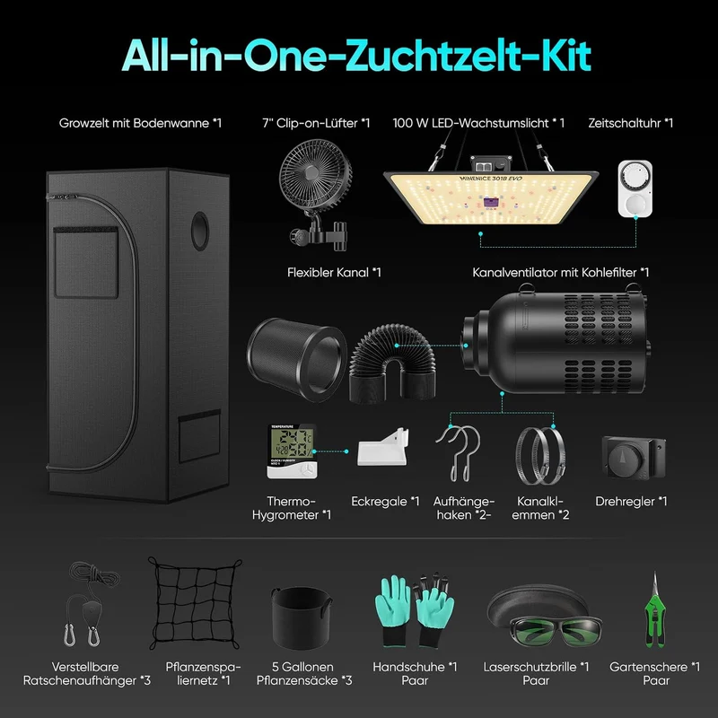 Growzelt Komplettset mit M1000 LED Vollspektrum Grow Lampe 60x60x140cm Grow Tent 4" 215 CFM 3000RPM