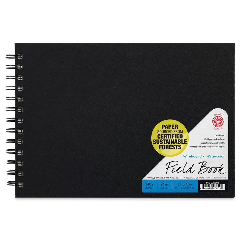 Pentalic Aquarell-Feldbuch, 17,8 x 25,4 cm 7-inch x 10-inch, 24 Sheet Wire Bound Field Book, Black B