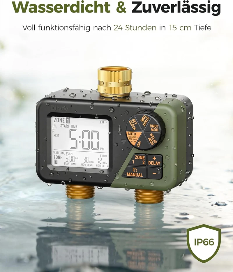 Diivoo Bewässerungscomputer 2 Ausgänge, Programmierbare Wasserschlauch Timer 2 Outlet für Garten, Ou