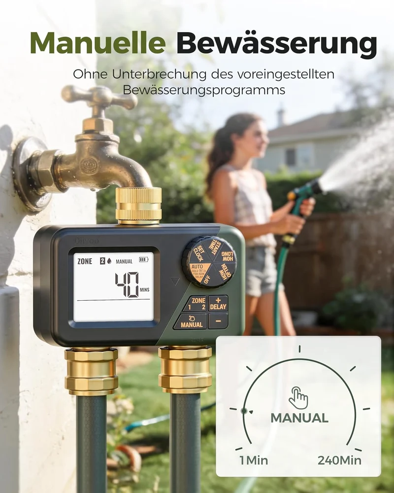 Diivoo Bewässerungscomputer 2 Ausgänge, Programmierbare Wasserschlauch Timer 2 Outlet für Garten, Ou