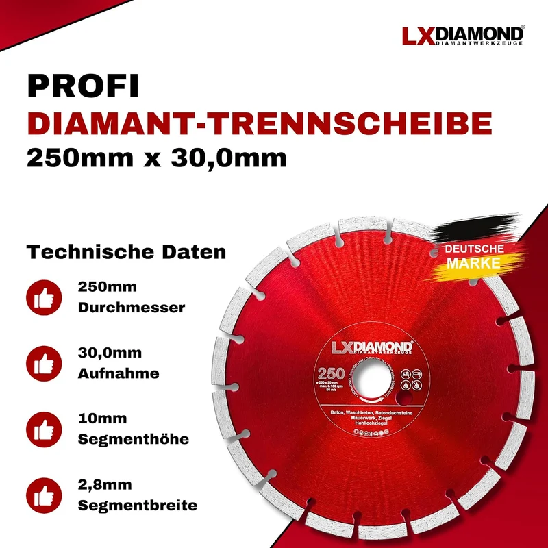 LXDIAMOND Diamant-Trennscheibe 250mm x 30,0mm - für Schneidetische, Brückensägen - Diamantscheibe zu
