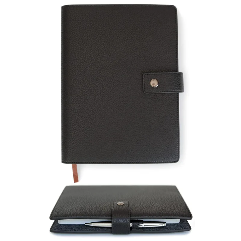 CASE ELEGANCE Nachfüllbares Leder Notizbuch A5. mit Stiftschlaufe, Kartenfächer - Messingverschluss