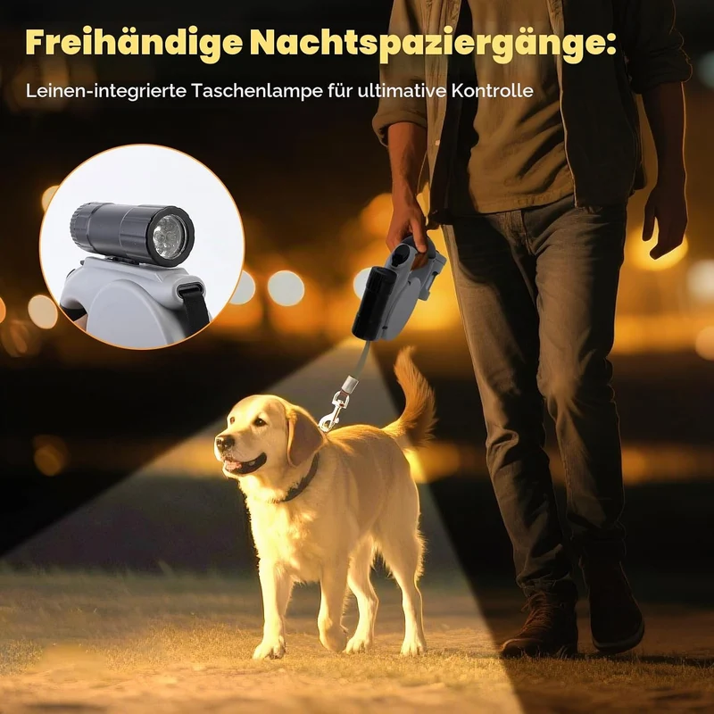 Hundeleine mit Taschenlampe für Nachtsicherheit | 4.5m Einhand-Rollleine mit Leckerli-Tasche & Siche