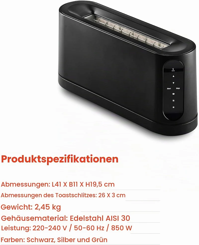 Jacob Jensen Toaster mit langem Schlitz, 7 Bräunungsstufen, Bewegungsaktiviertes Display, Bagel-, Au