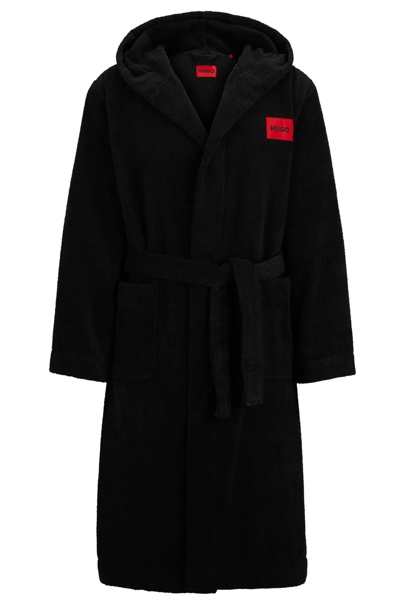 HUGO Herren Terry Gown Hooded Morgenmantel aus Baumwoll-Terry mit rotem Logo-Label L Schwarz, L Schw