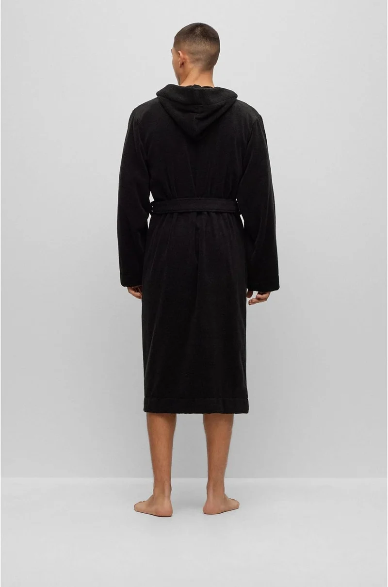 HUGO Herren Terry Gown Hooded Morgenmantel aus Baumwoll-Terry mit rotem Logo-Label L Schwarz, L Schw