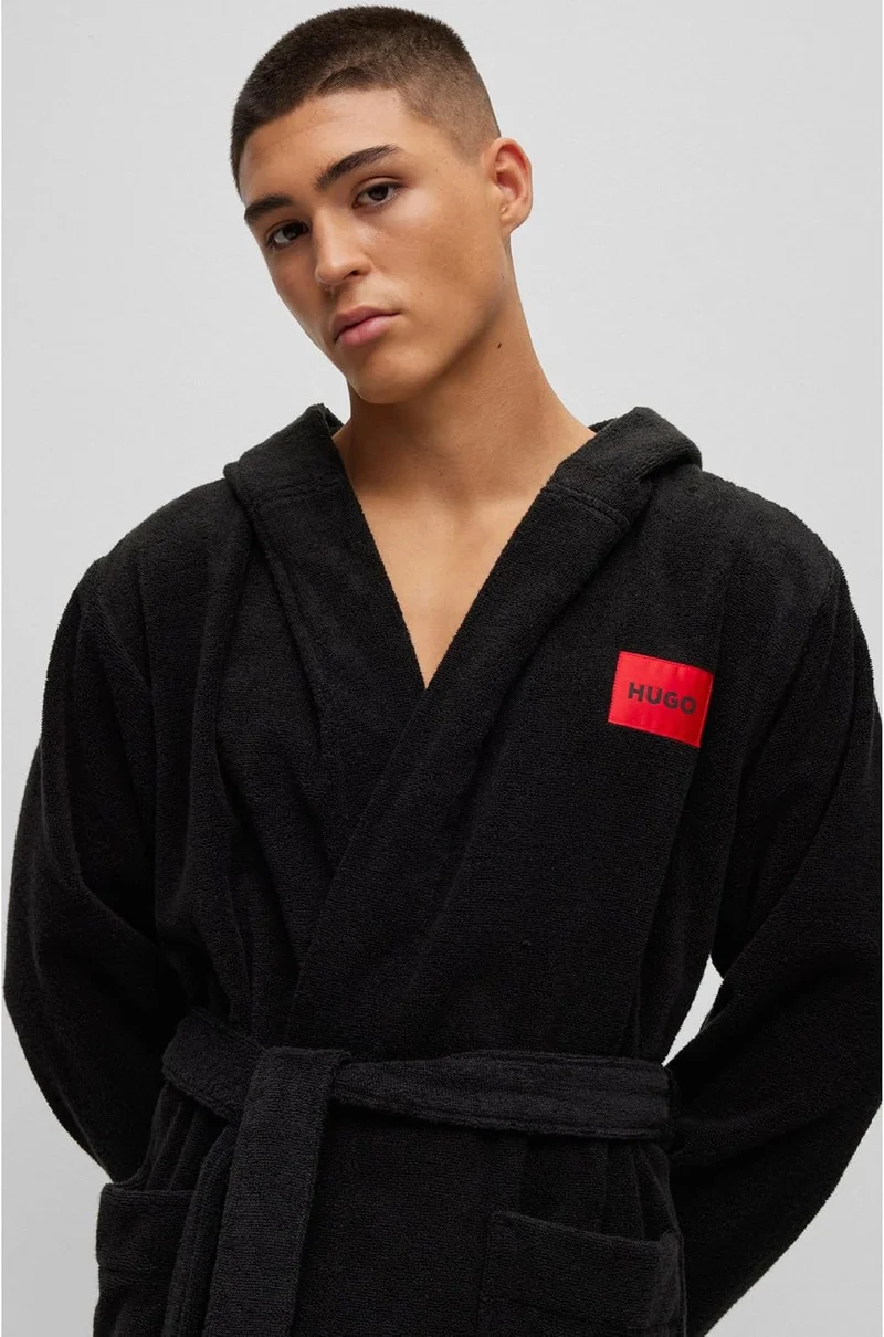 HUGO Herren Terry Gown Hooded Morgenmantel aus Baumwoll-Terry mit rotem Logo-Label L Schwarz, L Schw