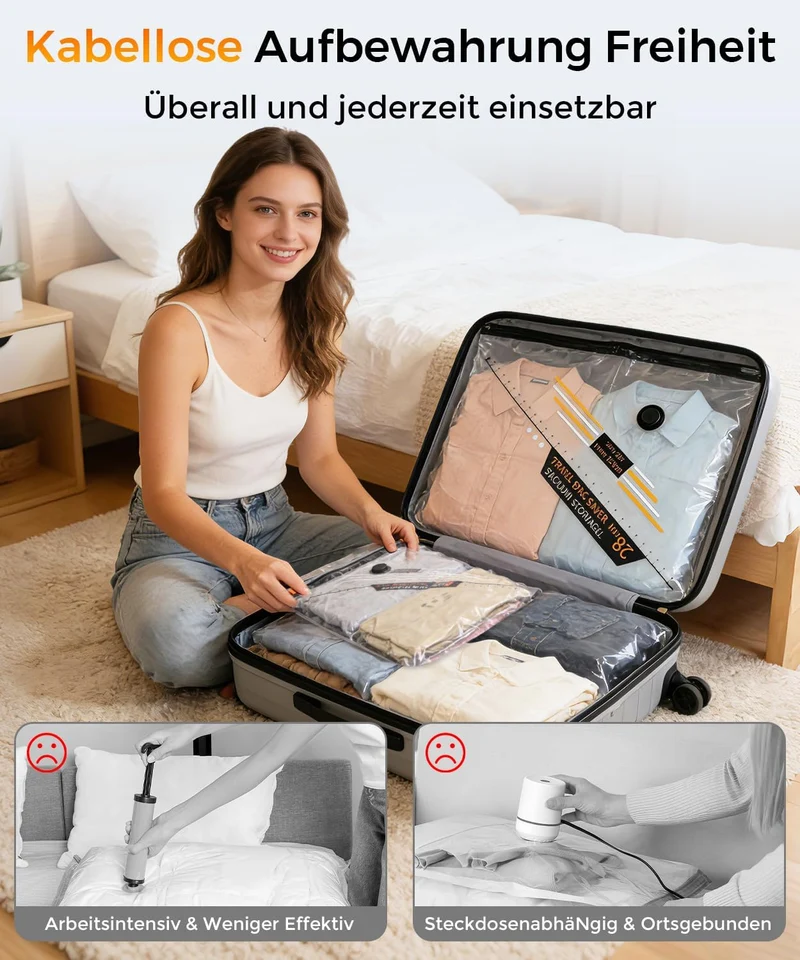 BOYUNSHI Vakuumbeutel für Kleidung Reise mit Kabelloser Vakuumpumpe, 20 Stück (8x 40x54cm, 8x 47x64c