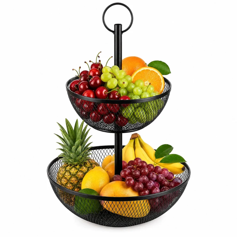 AiQInu 2-Stöckiger Obstständer 44 Cm, Metall Obstkorb mit Holzgriff, Schwarze Obstschale 2 Etagen, D