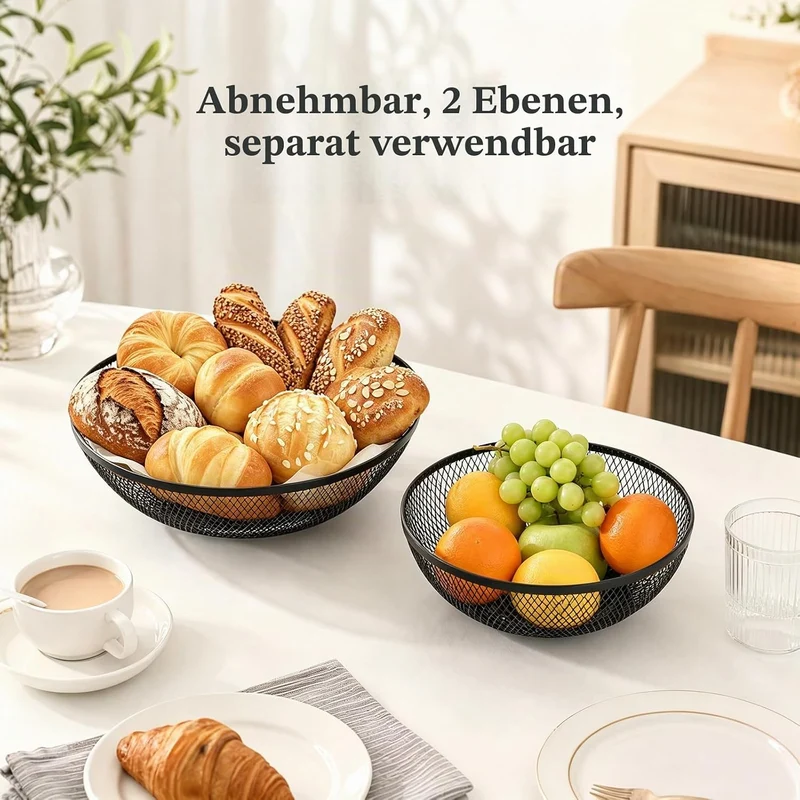 AiQInu 2-Stöckiger Obstständer 44 Cm, Metall Obstkorb mit Holzgriff, Schwarze Obstschale 2 Etagen, D