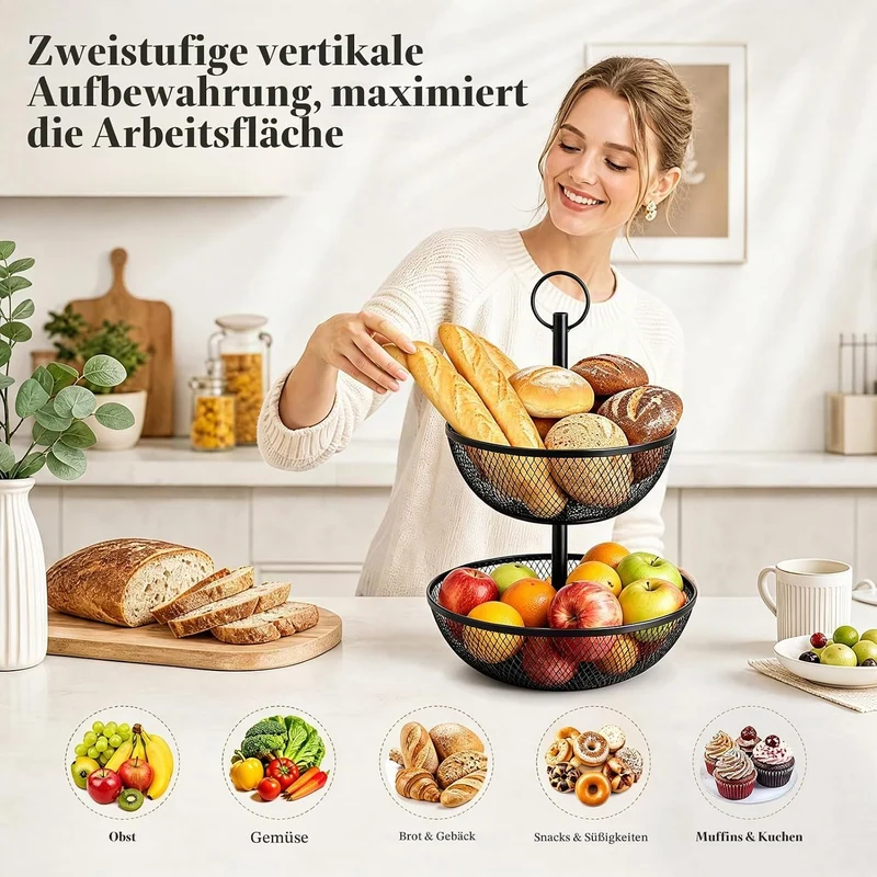 AiQInu 2-Stöckiger Obstständer 44 Cm, Metall Obstkorb mit Holzgriff, Schwarze Obstschale 2 Etagen, D
