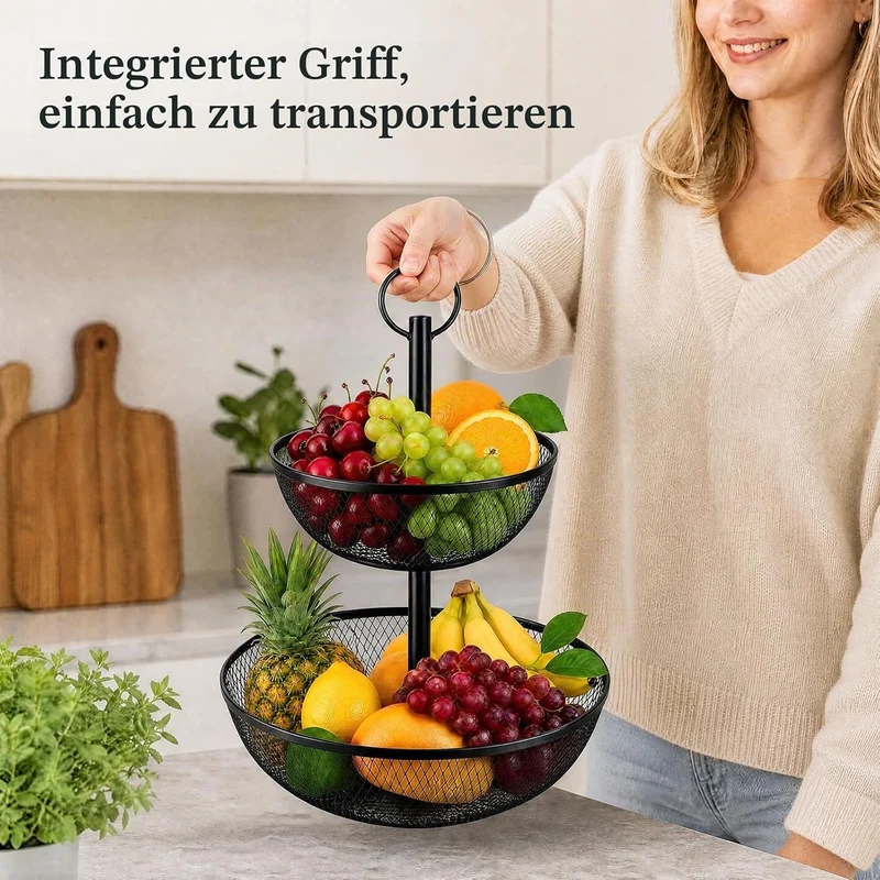 AiQInu 2-Stöckiger Obstständer 44 Cm, Metall Obstkorb mit Holzgriff, Schwarze Obstschale 2 Etagen, D