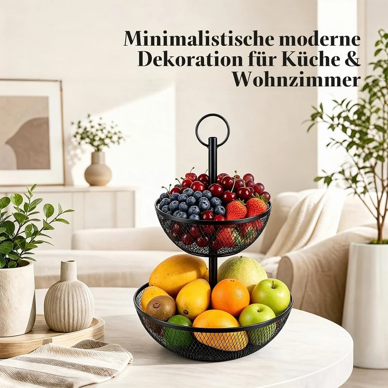 AiQInu 2-Stöckiger Obstständer 44 Cm, Metall Obstkorb mit Holzgriff, Schwarze Obstschale 2 Etagen, D