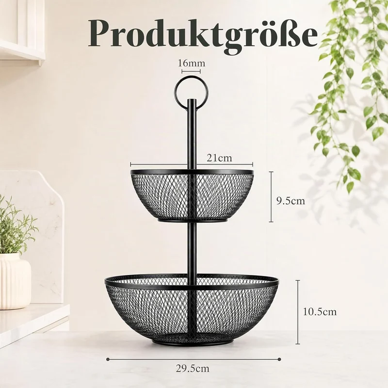 AiQInu 2-Stöckiger Obstständer 44 Cm, Metall Obstkorb mit Holzgriff, Schwarze Obstschale 2 Etagen, D