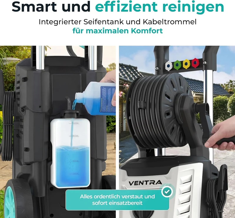 VENTRA® Hochdruckreiniger 2200W - 170 Bar - 450 l/h - 10m Schlauch | Schlauchaufroller, Terrassenrei