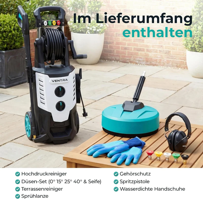 VENTRA® Hochdruckreiniger 2200W - 170 Bar - 450 l/h - 10m Schlauch | Schlauchaufroller, Terrassenrei