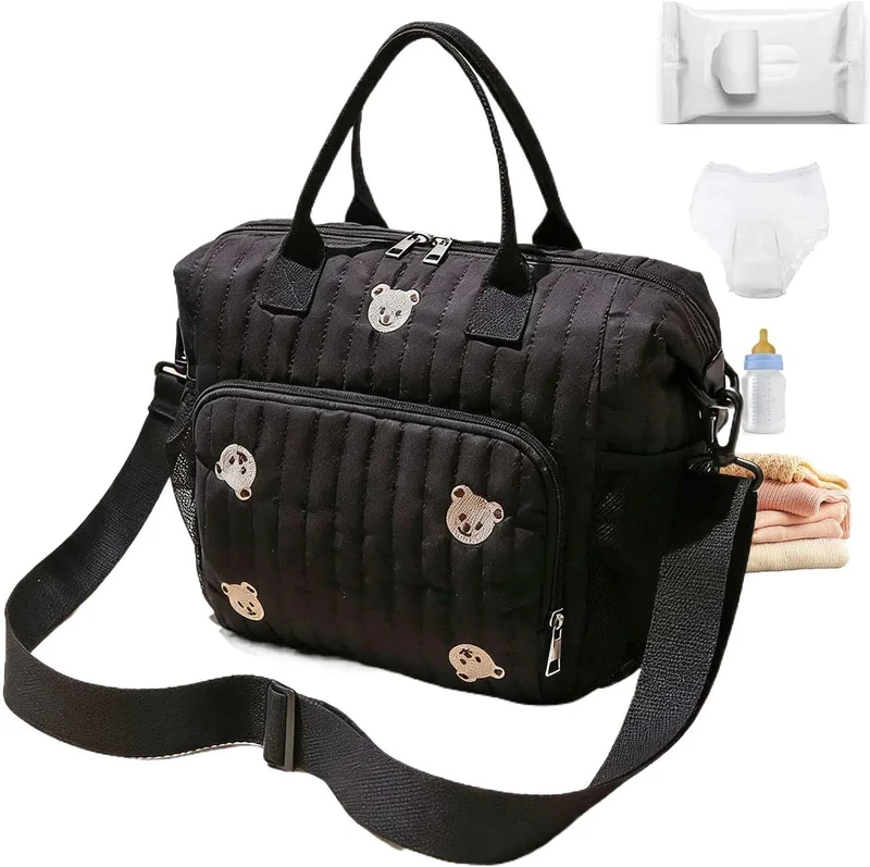 Wickeltasche Für Die Reise Niedliche Bärenstickerei Windelfächer-mit Schwarz, Schwarz