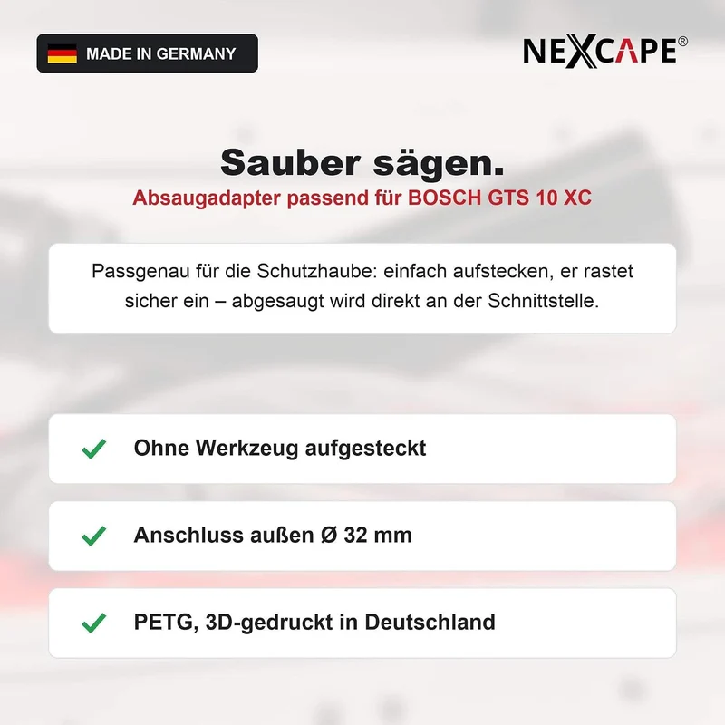 NEXCAPE Absaugadapter aus PETG, Passend für Bosch GTS 10 XC, 32mm Aussenanschluss, Werkstatt-Staubsa