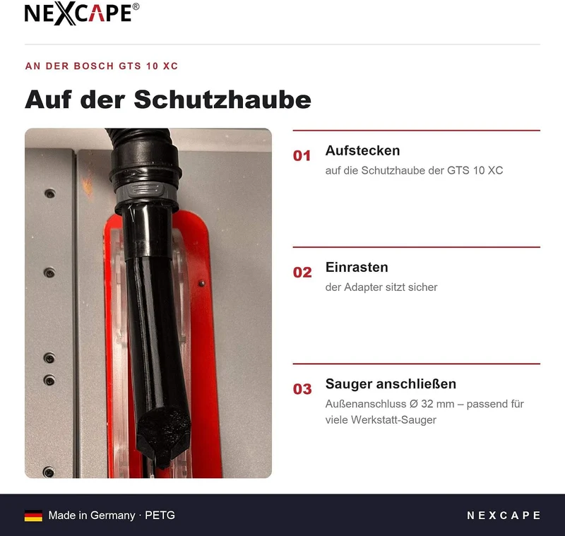 NEXCAPE Absaugadapter aus PETG, Passend für Bosch GTS 10 XC, 32mm Aussenanschluss, Werkstatt-Staubsa