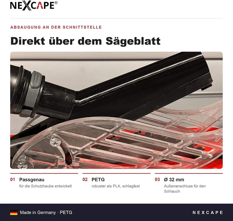 NEXCAPE Absaugadapter aus PETG, Passend für Bosch GTS 10 XC, 32mm Aussenanschluss, Werkstatt-Staubsa