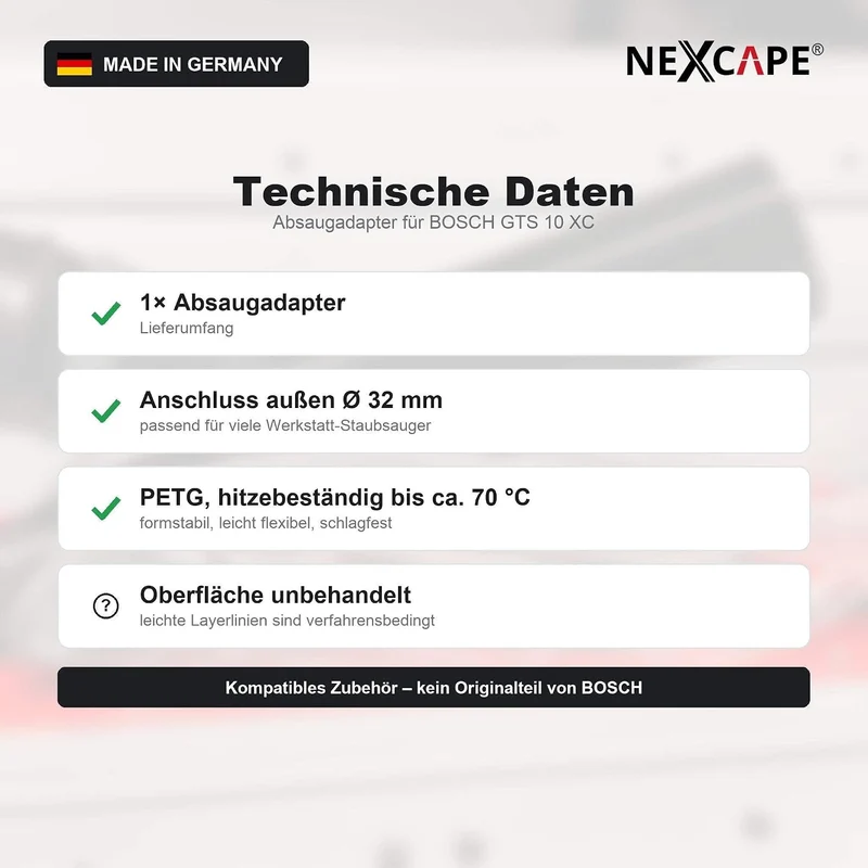 NEXCAPE Absaugadapter aus PETG, Passend für Bosch GTS 10 XC, 32mm Aussenanschluss, Werkstatt-Staubsa