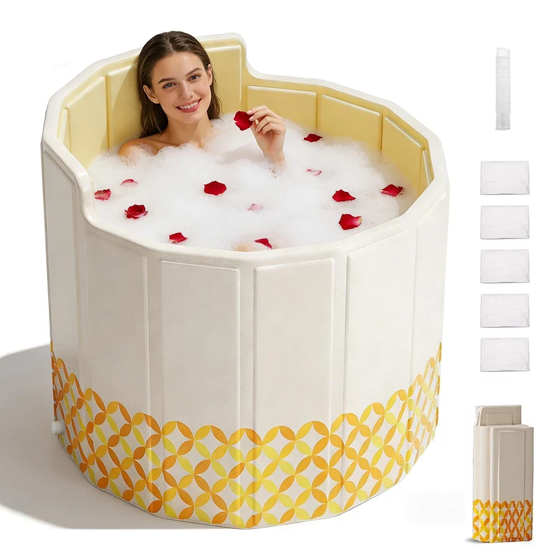 Faltbare Mobile Badewanne 80cm,Gelb,mit Abflussrohr,5*Badematte | Eisbad & Warmwasser,5-Lagige Isoli