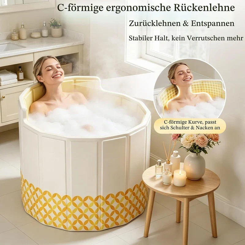 Faltbare Mobile Badewanne 80cm,Gelb,mit Abflussrohr,5*Badematte | Eisbad & Warmwasser,5-Lagige Isoli
