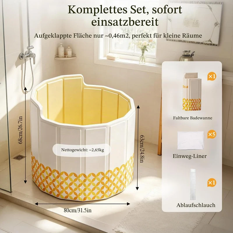Faltbare Mobile Badewanne 80cm,Gelb,mit Abflussrohr,5*Badematte | Eisbad & Warmwasser,5-Lagige Isoli