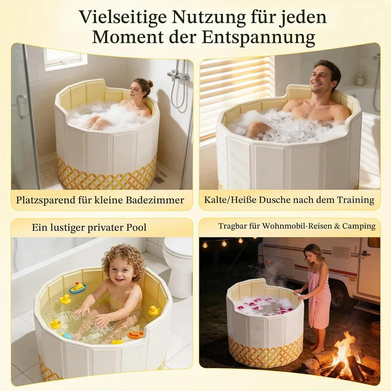 Faltbare Mobile Badewanne 80cm,Gelb,mit Abflussrohr,5*Badematte | Eisbad & Warmwasser,5-Lagige Isoli