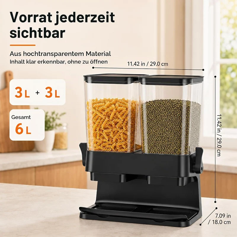 3L Grosse Müslispender mit Doppelbehälter, Cornflakes Spender aus ABS+PS, Cornflakes Behälter mit De